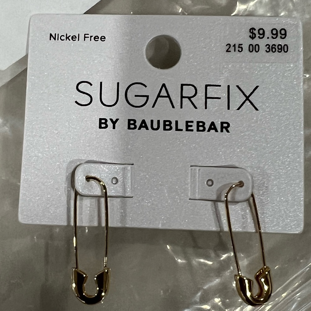 BaubleBar Gold Tone Safety Pin Threader Earrings Nickel Free SugarFix NWT - Picture 8 of 10